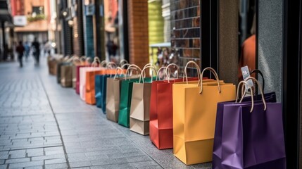 Shopping bag near shop with blur background