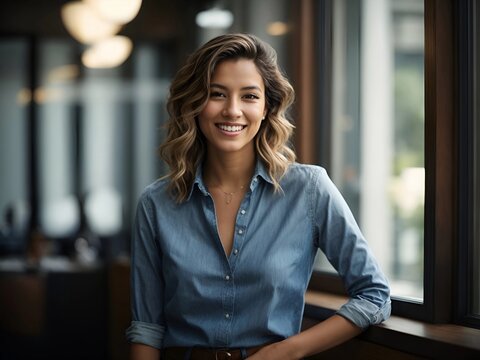 young business executive, women, denim shirt, smiling, leaning against the window