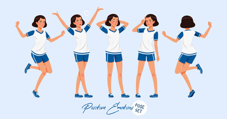 Sporty teenage active girl set feeling positive emotions. Young woman wearing activewear athletic boys outfit. Health, wellness, physical education, fitness lady coach. Cartoon character illustration