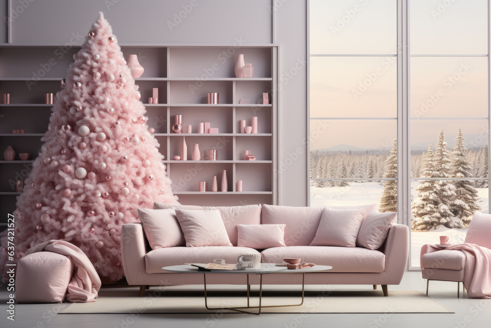 Canvas Prints Rose pink Christmas tree in modern living interior