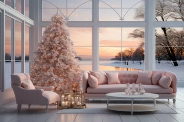 Fototapeten Comfortable living room with rose pink christmas tree © nnattalli