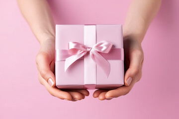 Woman hands with pink rose present box on pink background 