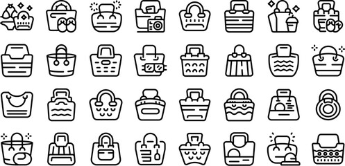 Beach bag icons set outline vector. Summer fashion. Clothes travel