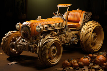 Retro tractor with decoration from pumpkins .
