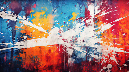 Abstract ink splatters merge with vibrant graffiti wall overlaid with a scratched urban texture