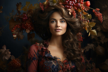 Obraz na płótnie Canvas Portrait of woman with grape fruits and leaves wreath on the head