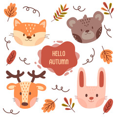 vector cute autumn animals forest animals. autumn leaves