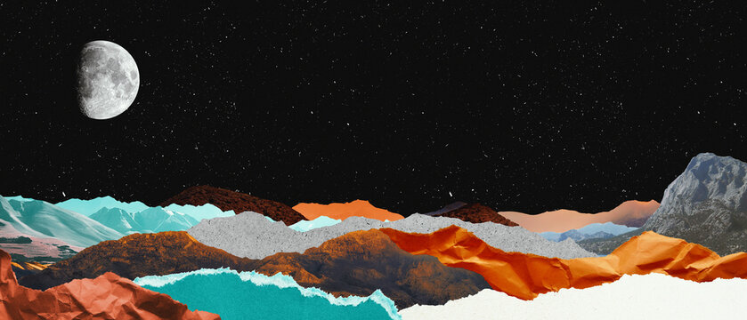 Surreal collage composition made of torn pieces of vintage paper and photos. Cut out fragments. Full moon wide screen illustration with copyspace.