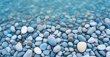 Pebble stones on the shore close up. Beach stones background. Top view. ai
