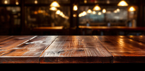 Top of wooden table on blur background with lights of bar, cafe, coffee shop or restaurant. Using for mock up template for display of your design, digital ai	