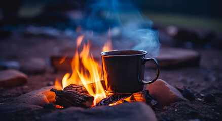 Metal campfire enamel mug with hot herbal tea on campfire. a pot of water boiling over a fire and a flame. Preparing food on campfire in wild camping, digital ai	