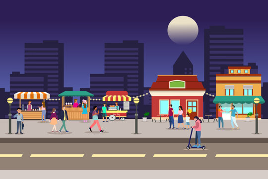 Night market, Summer fest, food street fair illustration. Night market with crowd of people in the city.