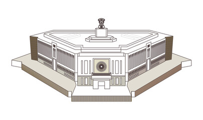 New Parliament of India, New Delhi. Symbol of the Constitution of India. Template for Invitation	