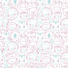 Beautiful kids vector seamless pattern with cute hand drawn safari animal faces. Children stock lion tiger bear zebra monkey illustratrion.