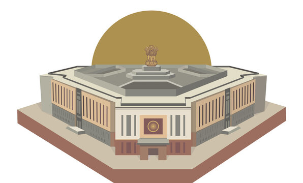 New Parliament of India, New Delhi. Symbol of the Constitution of India. Template for Invitation	
