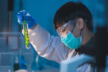 plant in medical pharmacy science research at chemical medicine laboratory for pharmaceutical industry, chemistry development scientist using equipment for health technology experiment or biology drug