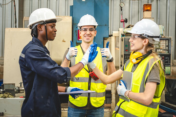 Professional engineer team full skill quality for maintenance service and training in industry worker, warehouse workshop for mechanical engineering factory operators, machinery production teamwork