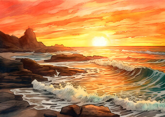 Late summer sunset on a rough sea; Restless waves; Beautiful sunset on a rocky beach; Horizon sunset; Sunlight reflection; 
Resolution 5824x3264(16:9)