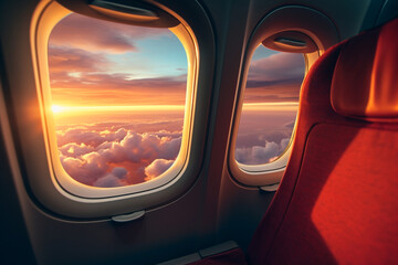 Sunset and clouds from the window inside an airplane. Travel concept