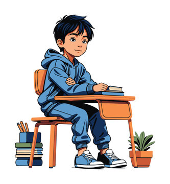 A school boy sitting on the table. Vector illustration