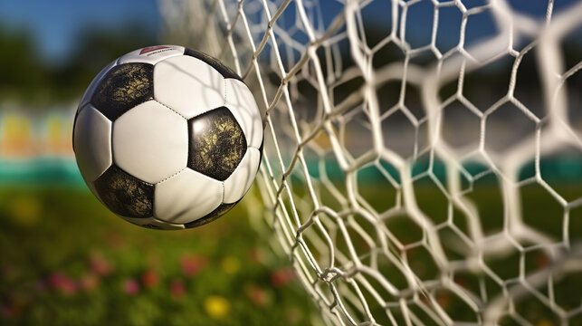 Soccer ball in goal net, Generative AI