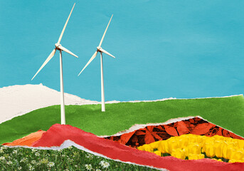 Wind generators for renewable energy illustration concept. Abstract landscape with colored hills and fields in authentic paper art applique technique. Environmentalism and secured nature.