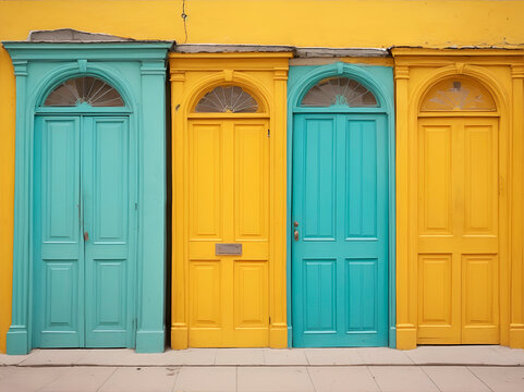 Puertas de madera en color celeste y amarillo. Vista de frente y de cerca. Copy space. IA Generativa