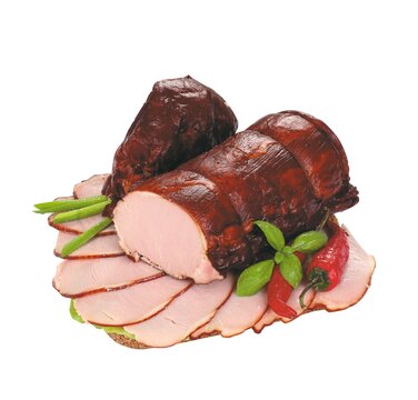 Smoked pork loin. Polish meat cold cuts, isolated on a white background, a packshot photo.
