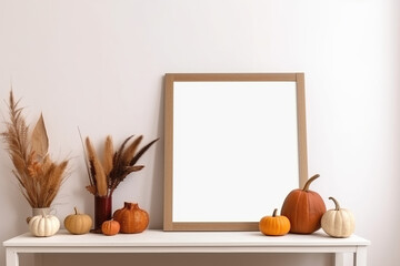 Print frame autumn mockup on table in living room