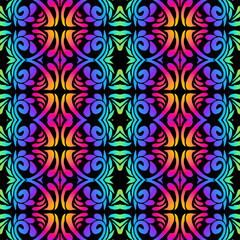 Seamless colourful batik ethnic dayak borneo pattern with flowers line art 