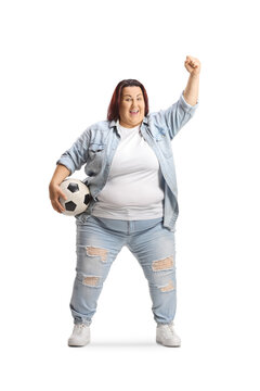 Overweight Woman Cheering With A Football