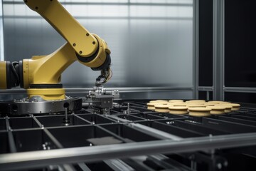 A robot standing next to a plate of freshly baked cookies