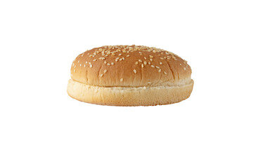 Sesame bun for burger side view isolated transparent png. Round bread topped with sesame seeds cut in half.