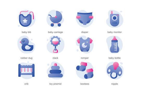 Baby icons in a flat cartoon design with blue colors. The picture shows all the attributes that a small child needs, such as toys, small clothes. Vector illustration.