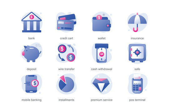 Banking icons in a flat cartoon design with blue colors. Many small pictures in a cartoon design that show all the details of banking. Vector illustration.