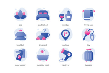 Hotel icons in a flat cartoon design with blue colors. Hair dryer, clean towels, mini bar and much more - all this is available in every hotel. Vector illustration.