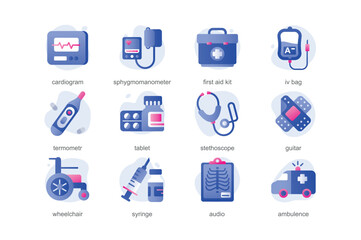 Medical icons in a flat cartoon design with blue colors. Demonstration of cartoon pictures with medical equipment that can inspire thoughts about the importance of health. Vector illustration.