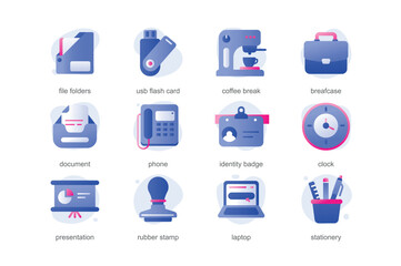 Office icons in a flat cartoon design with blue colors. The image of office equipment in a cartoon style allows you to learn about all the subtleties of working in the office. Vector illustration.