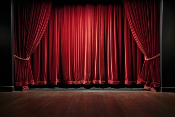 A stage with a vibrant red curtain and a beautifully polished wooden floor - obrazy, fototapety, plakaty