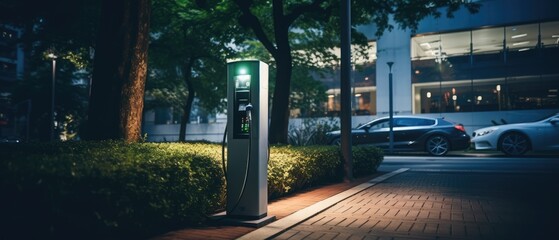 Modern fast electric vehicle chargers for charging car in park,  Generative AI