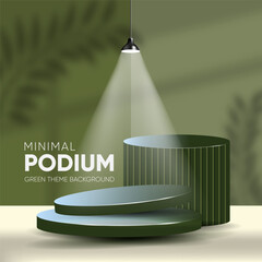 Minimal podium in green theme background. Product placement, exhibition, showcase and sale advertisement.