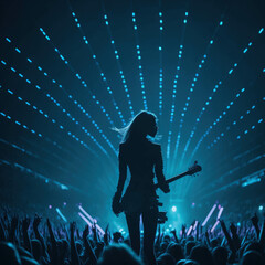 Naklejka premium Star Singer Silhouette Giving Music Concert Performance, Huge Crowded Stadium Arena Hall, Full Of Fans, Cheering Crowd, Neon Color Lights, Generative AI