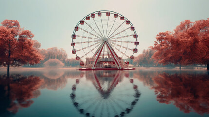 Fototapeta premium a big ferris wheel with trees and a lake, in the style of white and red