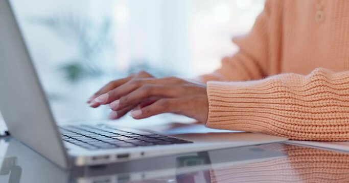 Woman, hands and typing on laptop for marketing research, website planning and copywriting in office. Creative worker person at desk working on computer, email management and editing online report