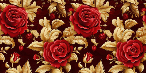 Seamless pattern, red roses with baroque golden embellishments on dark fabrics. Concept: Accentuated florals on antiquated linens