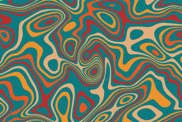Vector groovy background in 70s retro style. Trendy abstract hippie  pattern with psychedelic waves