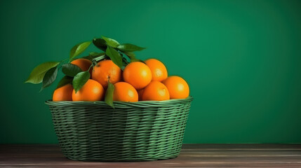 Orange on the basket on the wooden, gradient green background