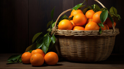 Orange on the basket on the wooden
