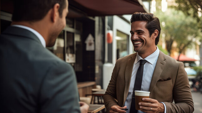 Male Mexicans wearing suit handsome and smile talking with friend holding coffee cup
