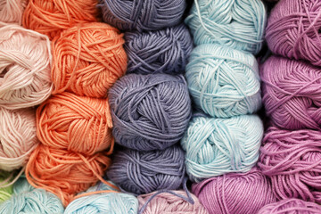 Colorful balls of wool, yarn for knitting and needlework